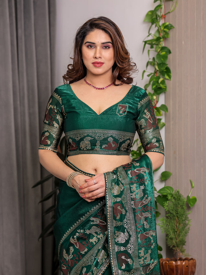 Emerald Green Fendi Satin Peacock & Heritage Motif Block and Foil Printed Saree with Traditional Border, Tassel Edges & Attached Blouse
