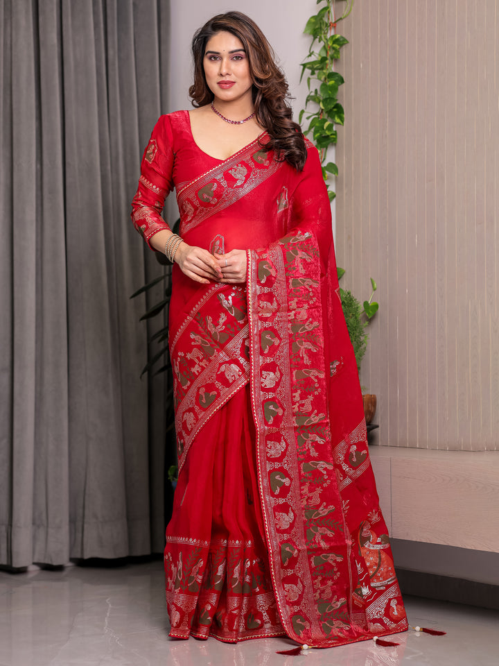 Classic Red Fendi Satin Peacock & Heritage Motif Block and Foil Printed Saree with Rich Border, Tassel Finish & Attached Blouse