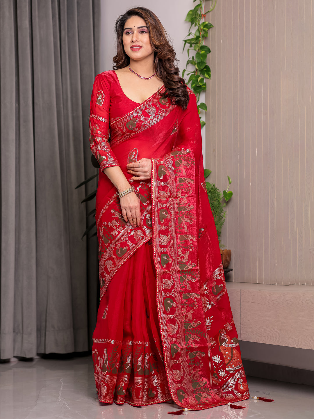 Classic Red Fendi Satin Peacock & Heritage Motif Block and Foil Printed Saree with Rich Border, Tassel Finish & Attached Blouse