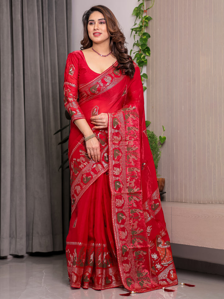 Classic Red Fendi Satin Peacock & Heritage Motif Block and Foil Printed Saree with Rich Border, Tassel Finish & Attached Blouse
