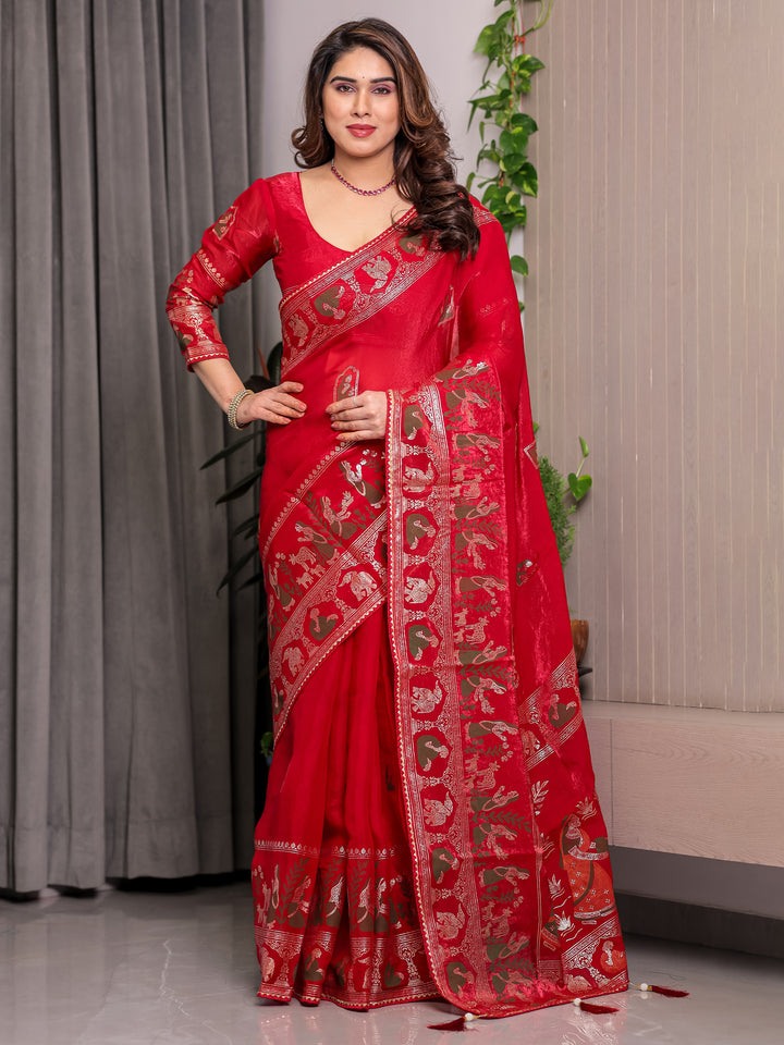 Classic Red Fendi Satin Peacock & Heritage Motif Block and Foil Printed Saree with Rich Border, Tassel Finish & Attached Blouse
