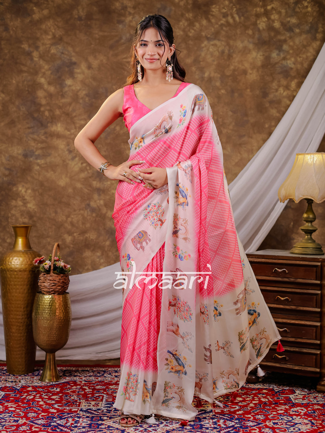 Vantara Blush Pink Satin Chiffon Printed Saree with Bird & Nature Print, Designer Tassel Pallu & Matching Blouse Piece