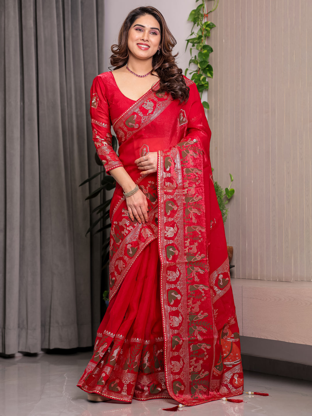Classic Red Fendi Satin Peacock & Heritage Motif Block and Foil Printed Saree with Rich Border, Tassel Finish & Attached Blouse