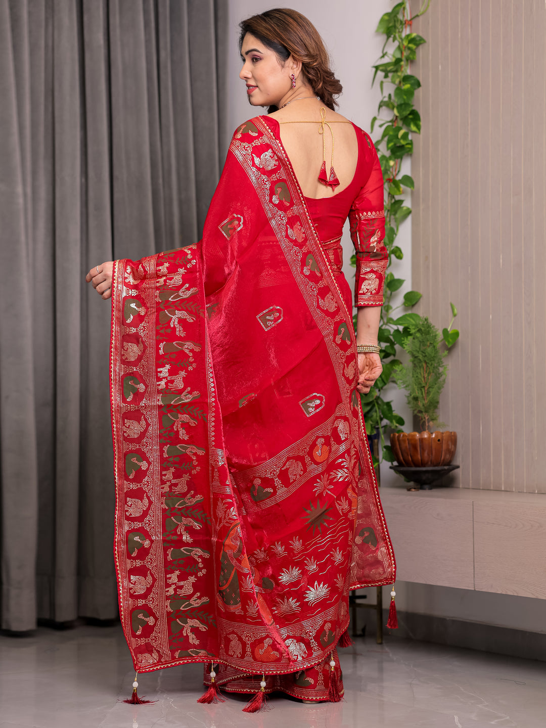 Classic Red Fendi Satin Peacock & Heritage Motif Block and Foil Printed Saree with Rich Border, Tassel Finish & Attached Blouse