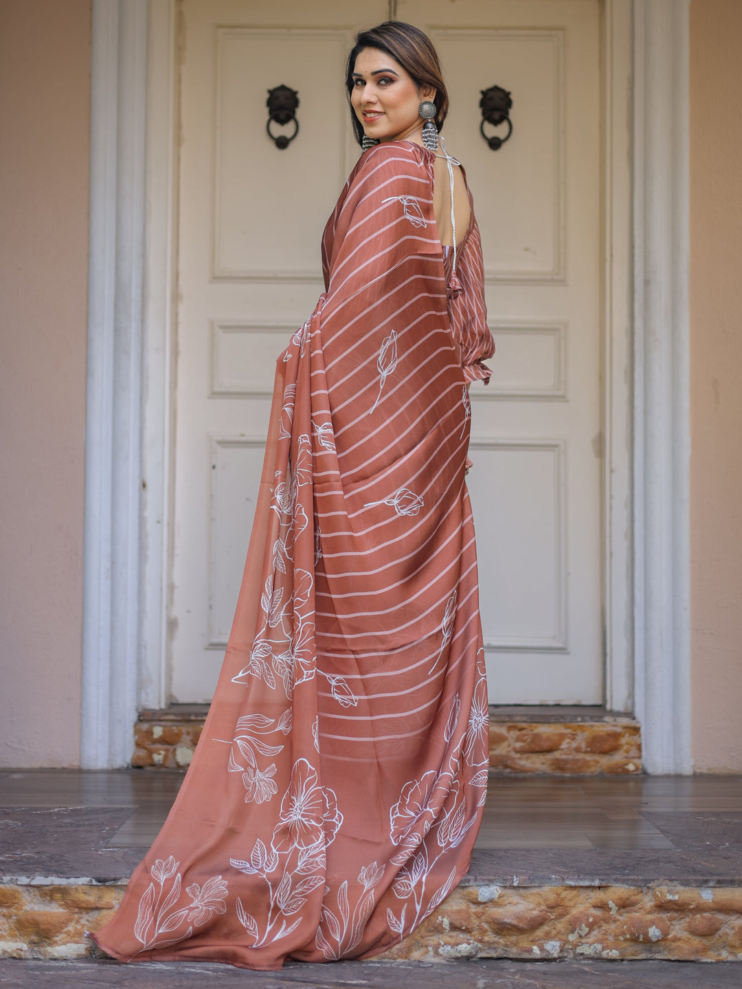 Dusty Lilac & Steel Blue Floral Printed Satin Georgette Saree with Designer Pallu & Blouse – Elegant Party & Occasion Wear