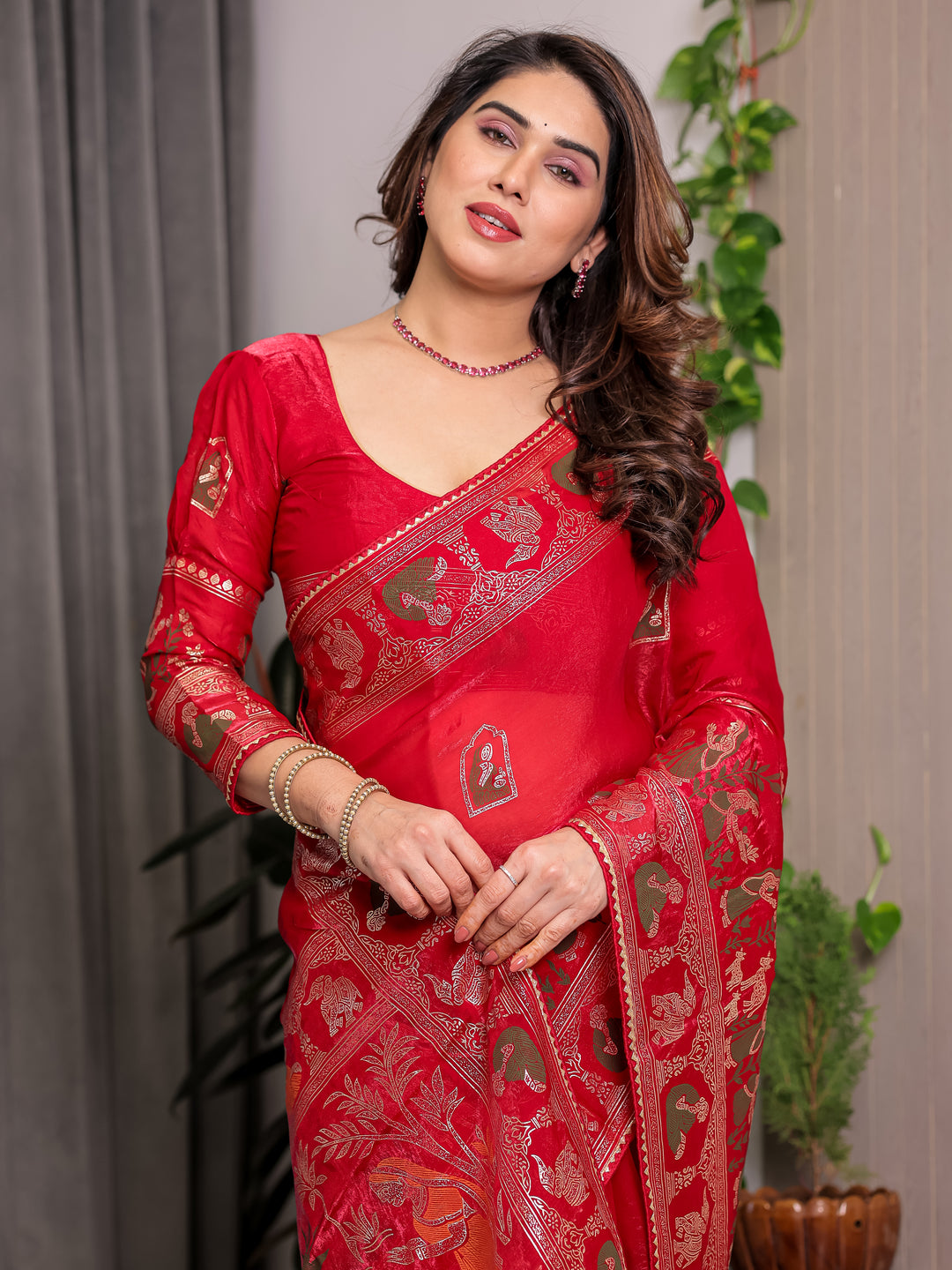 Classic Red Fendi Satin Peacock & Heritage Motif Block and Foil Printed Saree with Rich Border, Tassel Finish & Attached Blouse