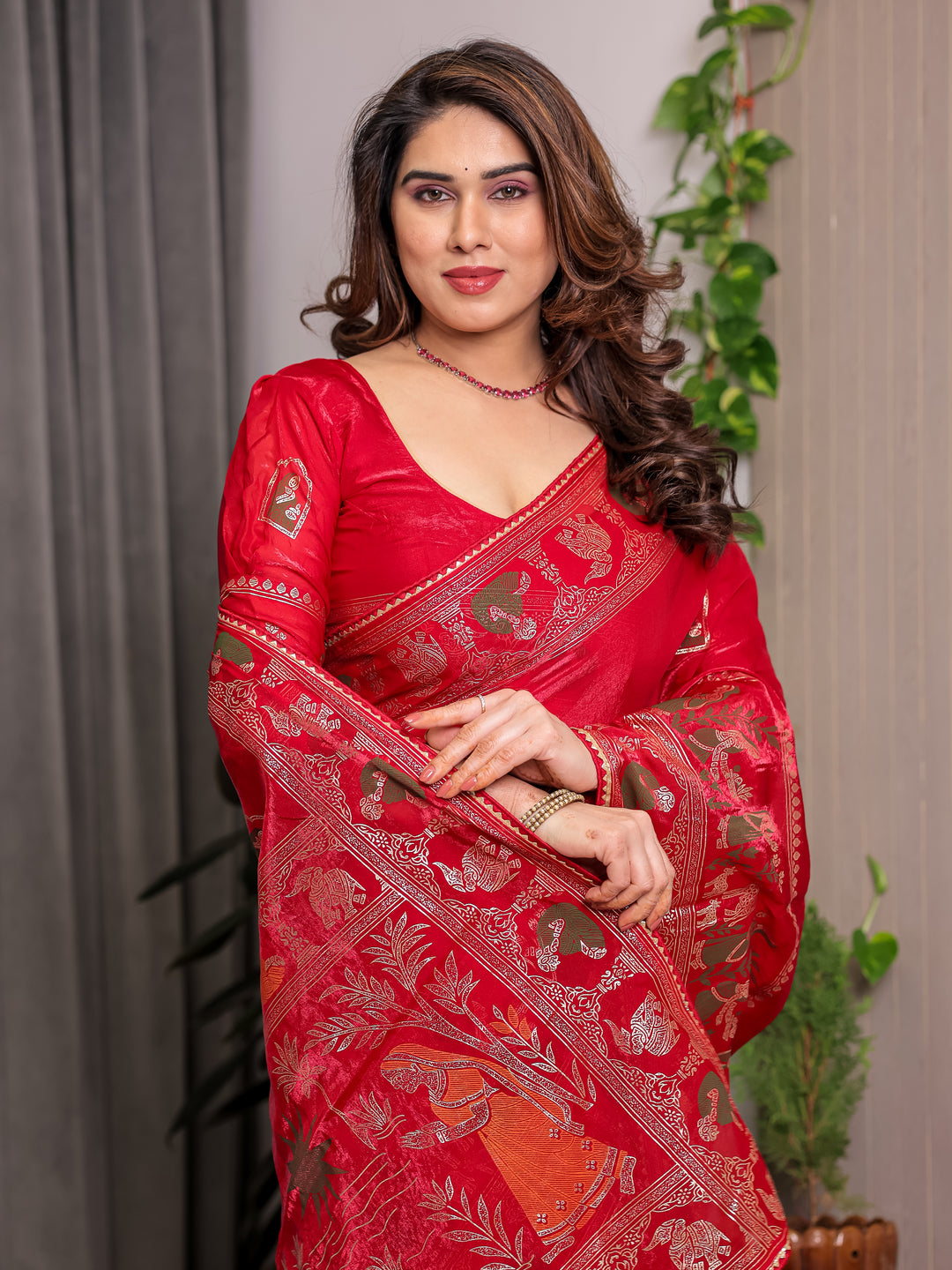 Classic Red Fendi Satin Peacock & Heritage Motif Block and Foil Printed Saree with Rich Border, Tassel Finish & Attached Blouse
