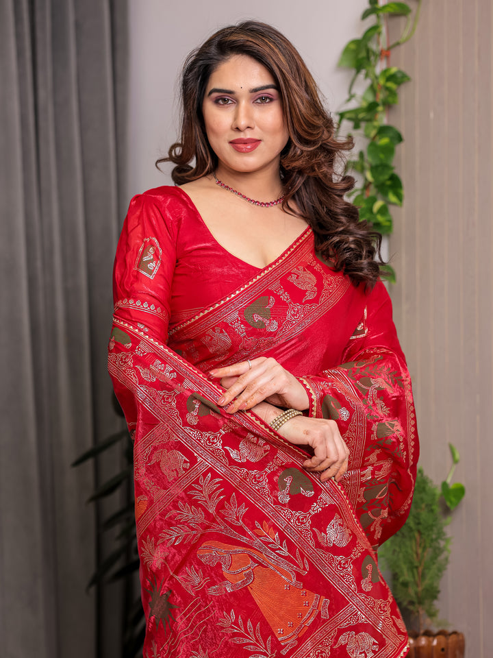Classic Red Fendi Satin Peacock & Heritage Motif Block and Foil Printed Saree with Rich Border, Tassel Finish & Attached Blouse