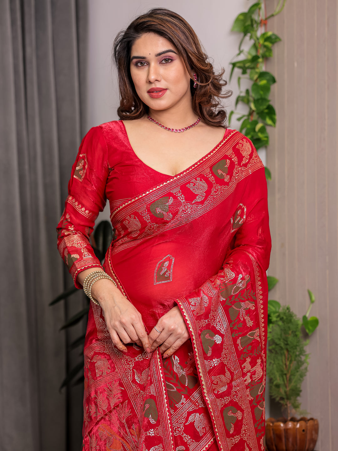 Classic Red Fendi Satin Peacock & Heritage Motif Block and Foil Printed Saree with Rich Border, Tassel Finish & Attached Blouse