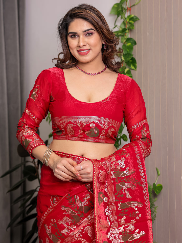 Classic Red Fendi Satin Peacock & Heritage Motif Block and Foil Printed Saree with Rich Border, Tassel Finish & Attached Blouse