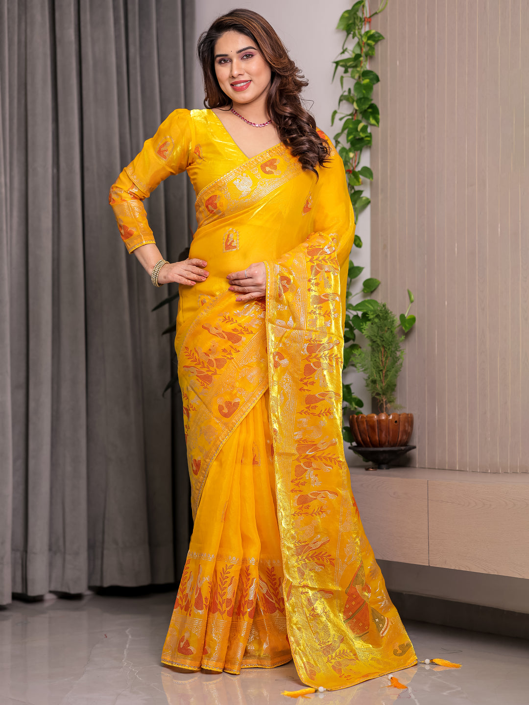 Mustard Yellow Fendi Satin Peacock & Heritage Motif Block and Foil Printed Saree with Rich Pallu, Tassel Edges & Attached Blouse