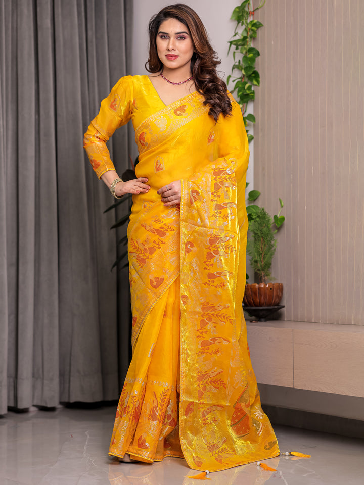 Mustard Yellow Fendi Satin Peacock & Heritage Motif Block and Foil Printed Saree with Rich Pallu, Tassel Edges & Attached Blouse