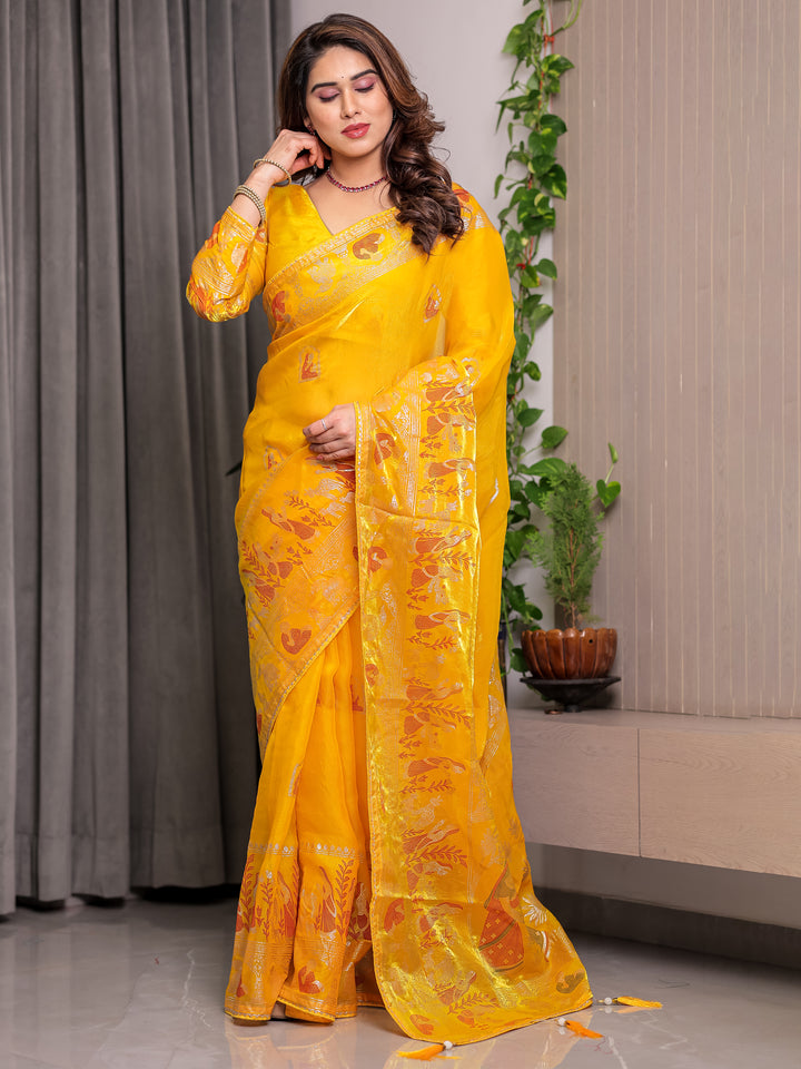 Mustard Yellow Fendi Satin Peacock & Heritage Motif Block and Foil Printed Saree with Rich Pallu, Tassel Edges & Attached Blouse