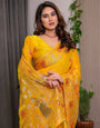 Mustard Yellow Fendi Satin Peacock & Heritage Motif Block and Foil Printed Saree with Rich Pallu, Tassel Edges & Attached Blouse