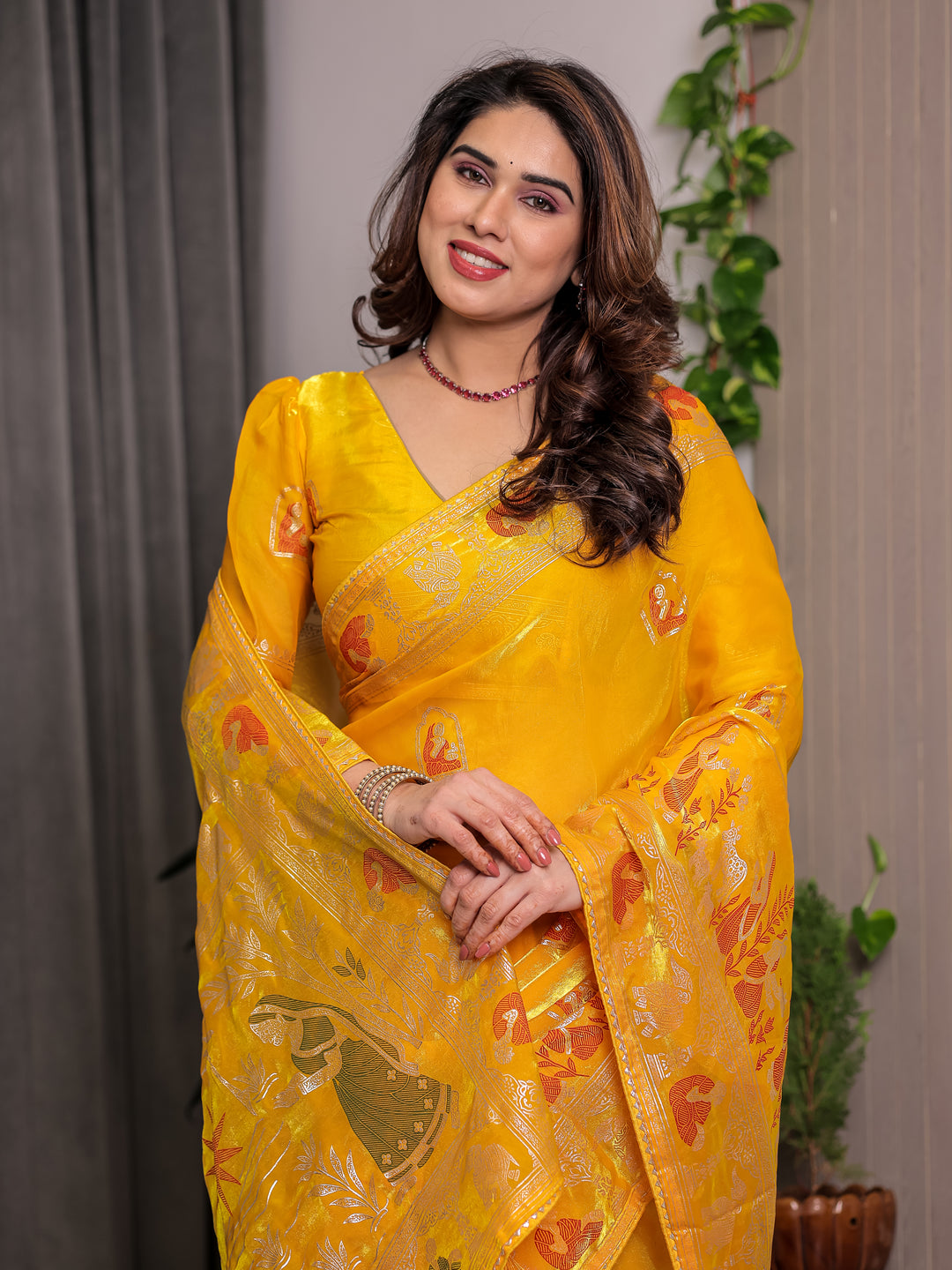 Mustard Yellow Fendi Satin Peacock & Heritage Motif Block and Foil Printed Saree with Rich Pallu, Tassel Edges & Attached Blouse