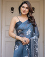 Steel Blue Floral Printed Satin Georgette Saree with Matching Blouse – Elegant Party & Evening Wear