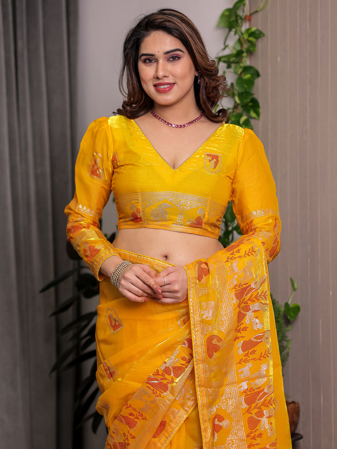 Mustard Yellow Fendi Satin Peacock & Heritage Motif Block and Foil Printed Saree with Rich Pallu, Tassel Edges & Attached Blouse