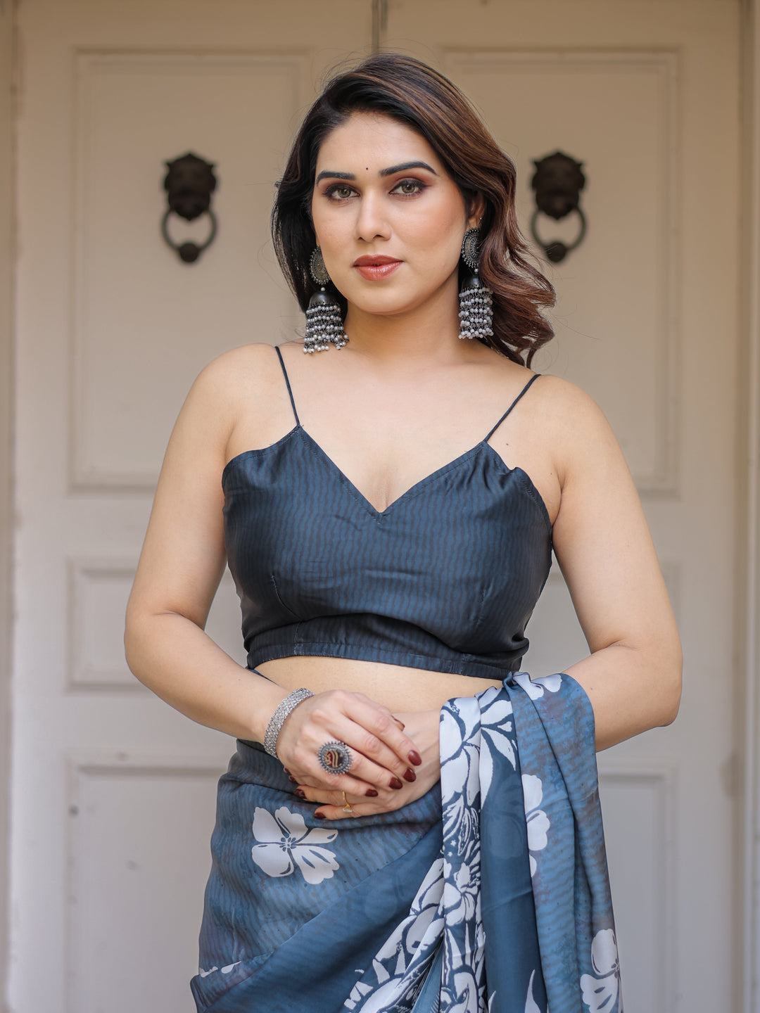 Steel Blue Floral Printed Satin Georgette Saree with Matching Blouse – Elegant Party & Evening Wear