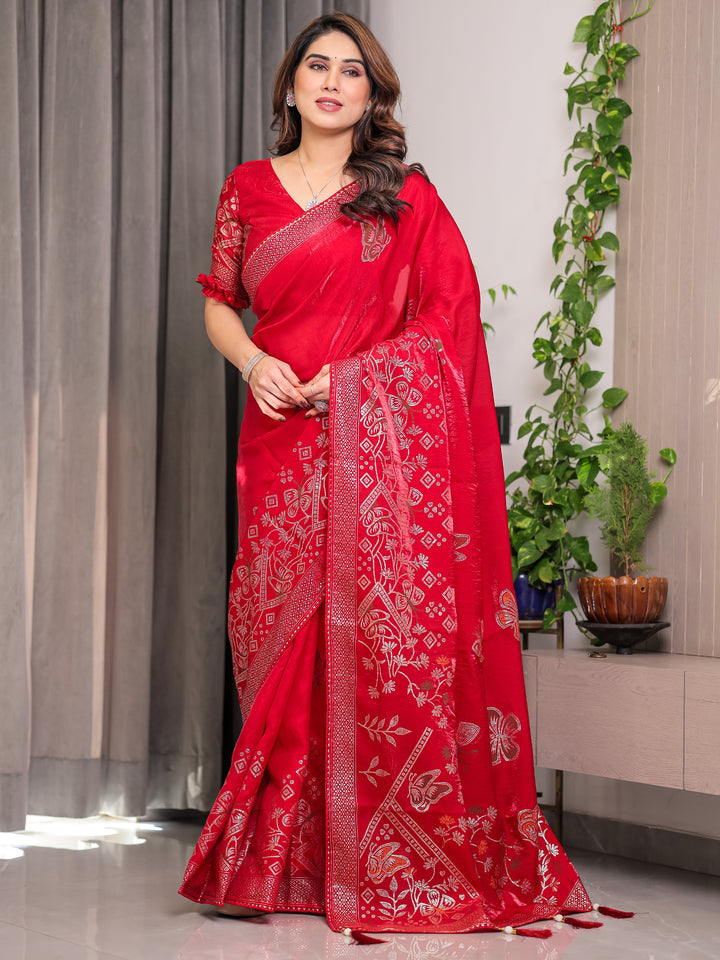 Ruby Red Fendi Satin Block & Foil Print Saree with Attached Blouse & Tassel Detailing