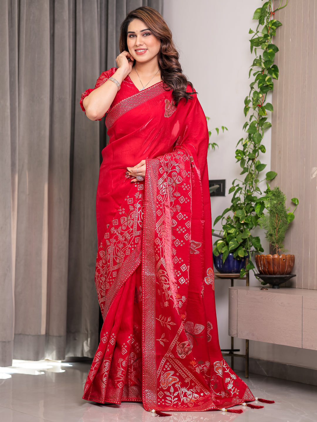 Ruby Red Fendi Satin Block & Foil Print Saree with Attached Blouse & Tassel Detailing