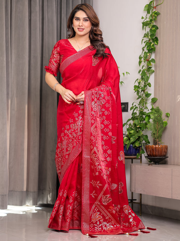 Ruby Red Fendi Satin Block & Foil Print Saree with Attached Blouse & Tassel Detailing