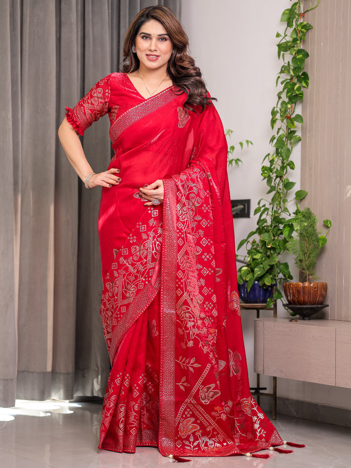 Ruby Red Fendi Satin Block & Foil Print Saree with Attached Blouse & Tassel Detailing