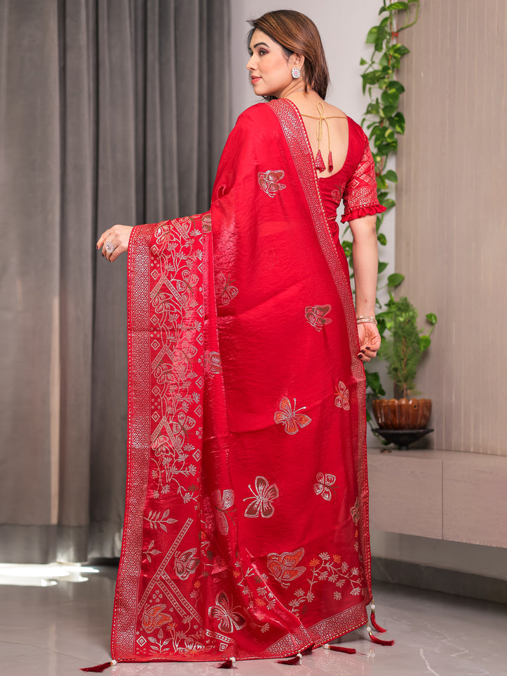Ruby Red Fendi Satin Block & Foil Print Saree with Attached Blouse & Tassel Detailing