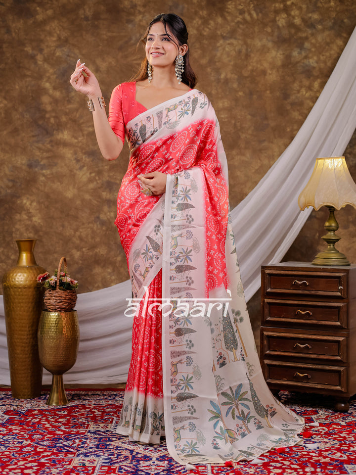 Vantara Coral Red Satin Chiffon Printed Saree with Botanical Nature Print, Designer Tassel Pallu & Matching Blouse Piece
