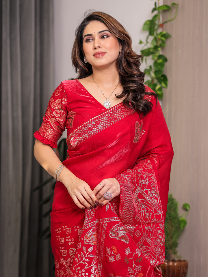 Ruby Red Fendi Satin Block & Foil Print Saree with Attached Blouse & Tassel Detailing