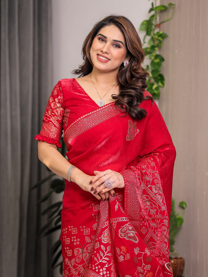 Ruby Red Fendi Satin Block & Foil Print Saree with Attached Blouse & Tassel Detailing