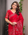 Ruby Red Fendi Satin Block & Foil Print Saree with Attached Blouse & Tassel Detailing