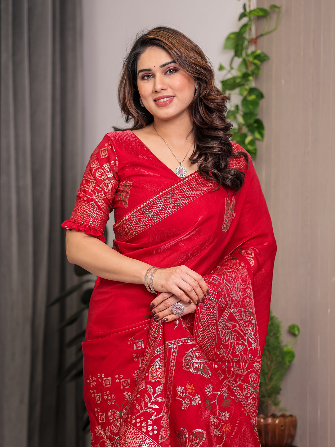 Ruby Red Fendi Satin Block & Foil Print Saree with Attached Blouse & Tassel Detailing