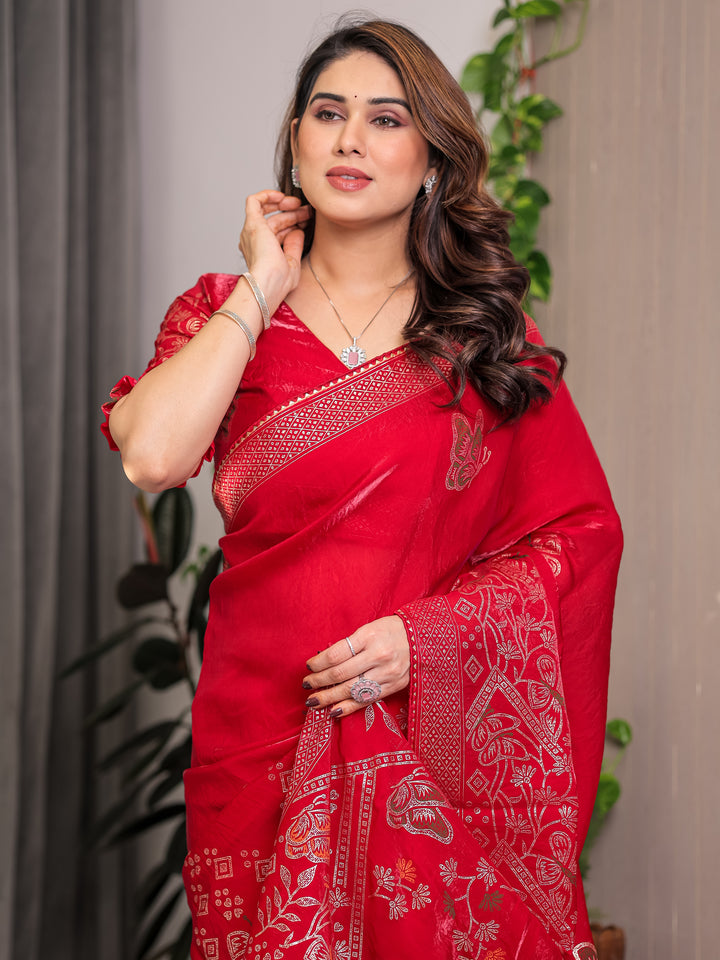 Ruby Red Fendi Satin Block & Foil Print Saree with Attached Blouse & Tassel Detailing