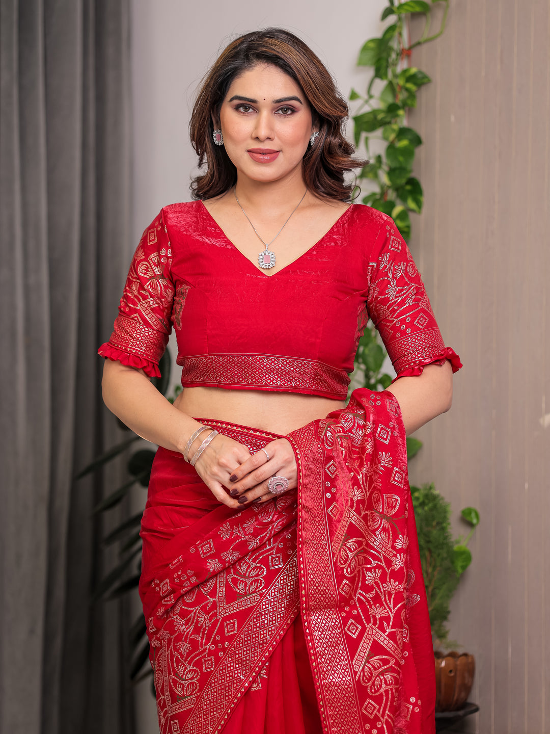 Ruby Red Fendi Satin Block & Foil Print Saree with Attached Blouse & Tassel Detailing