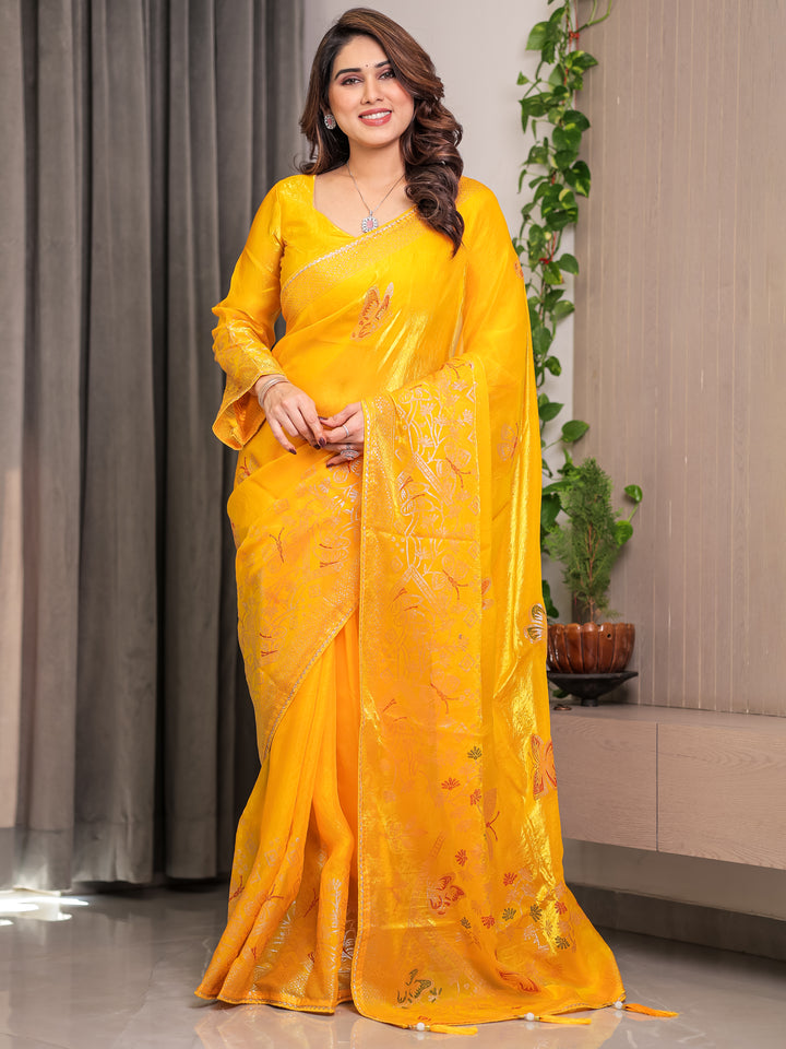 Sunshine Yellow Fendi Satin Block & Foil Print Saree with Attached Blouse & Tassel Detailing