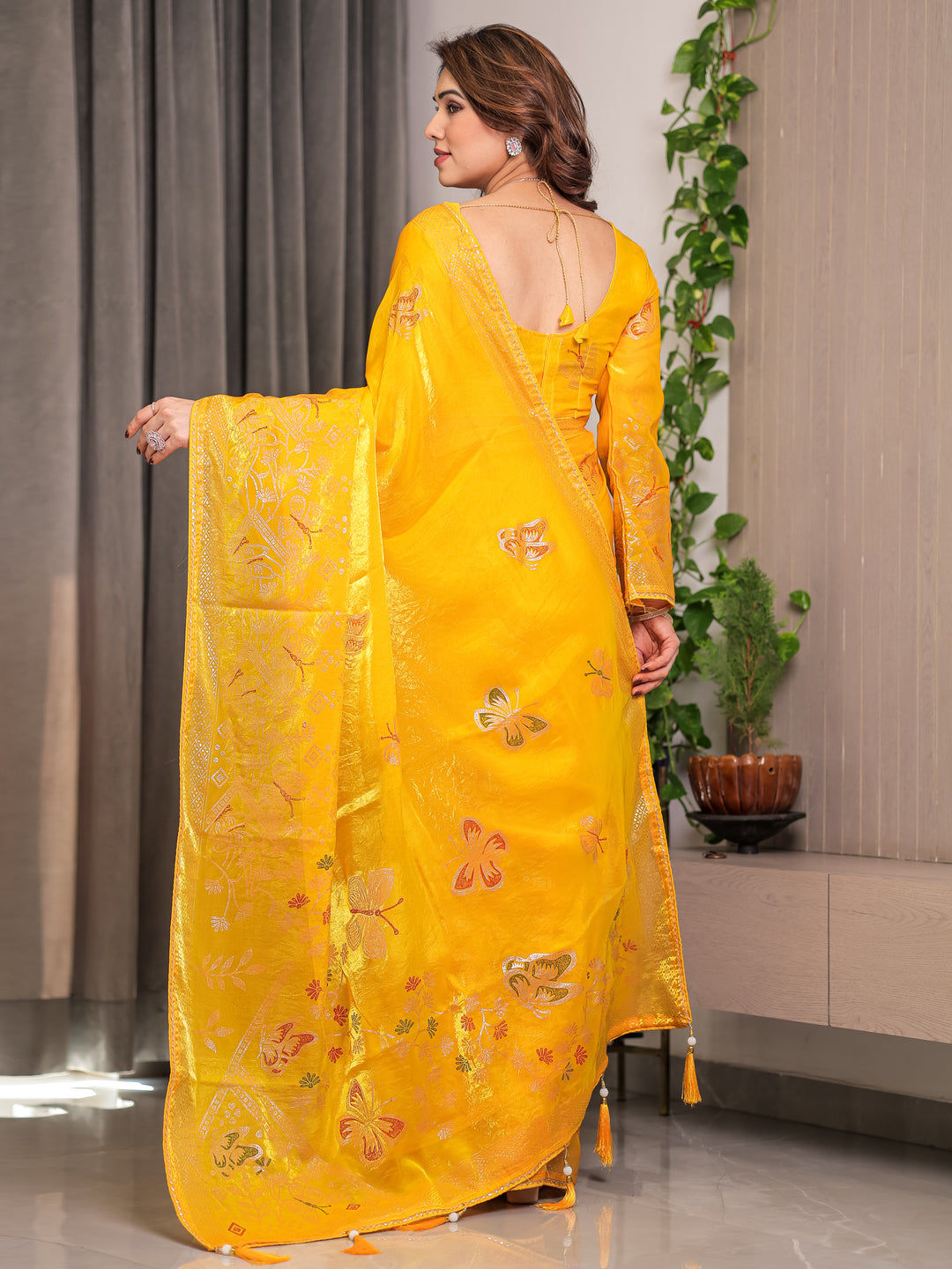 Sunshine Yellow Fendi Satin Block & Foil Print Saree with Attached Blouse & Tassel Detailing