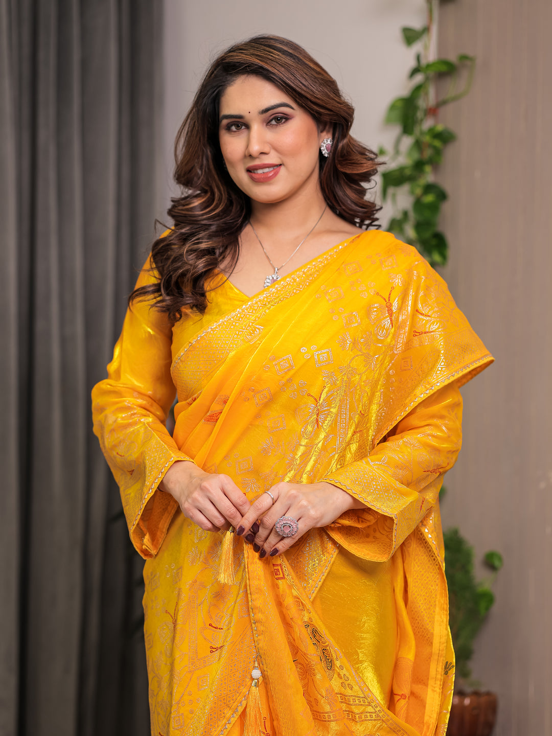 Sunshine Yellow Fendi Satin Block & Foil Print Saree with Attached Blouse & Tassel Detailing