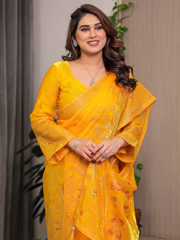 Sunshine Yellow Fendi Satin Block & Foil Print Saree with Attached Blouse & Tassel Detailing