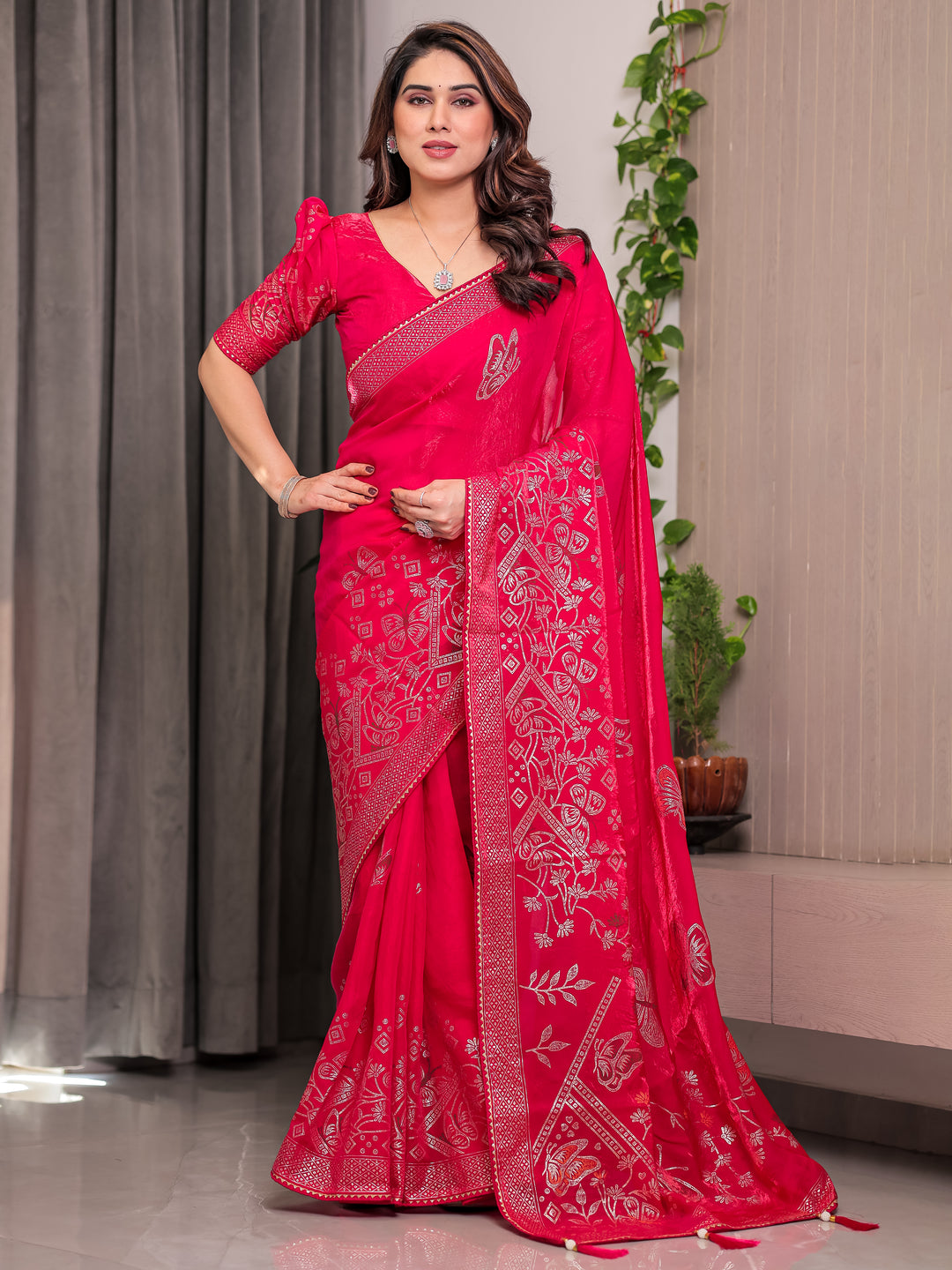 Rani Pink Fendi Satin Block & Foil Print Saree with Attached Blouse & Tassel Detailing