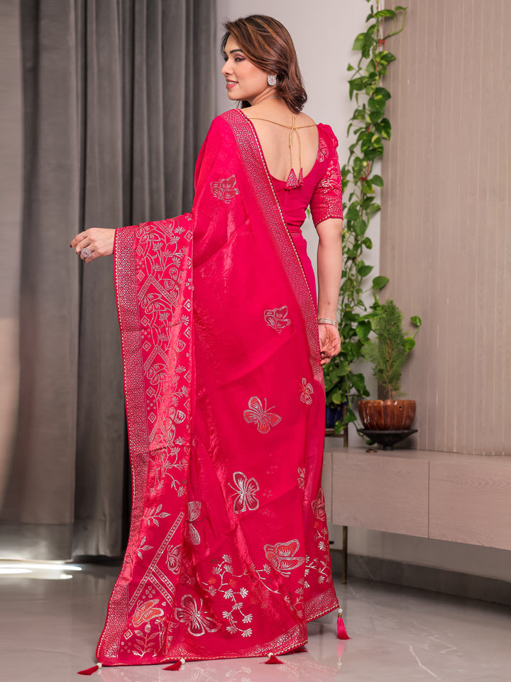 Rani Pink Fendi Satin Block & Foil Print Saree with Attached Blouse & Tassel Detailing