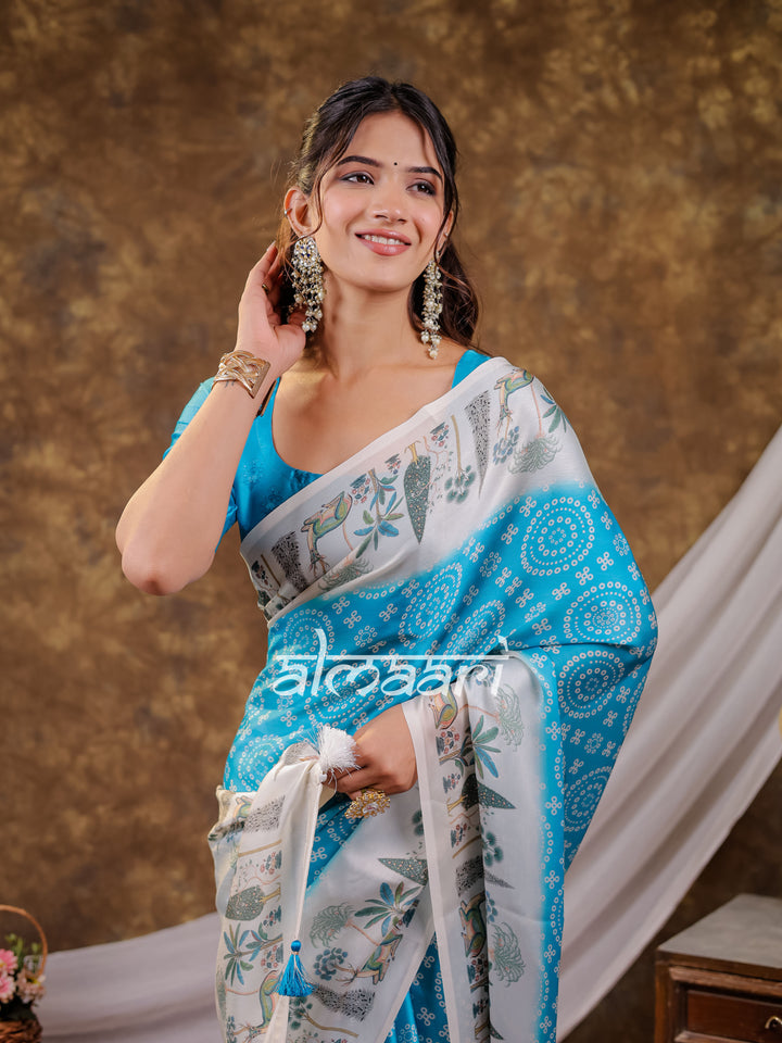 Vantara Turquoise Blue Satin Chiffon Printed Saree with Botanical Nature Print, Designer Tassel Pallu & Matching Blouse Piece