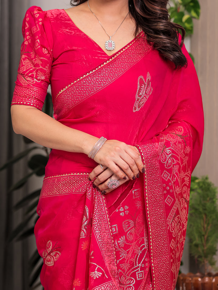 Rani Pink Fendi Satin Block & Foil Print Saree with Attached Blouse & Tassel Detailing