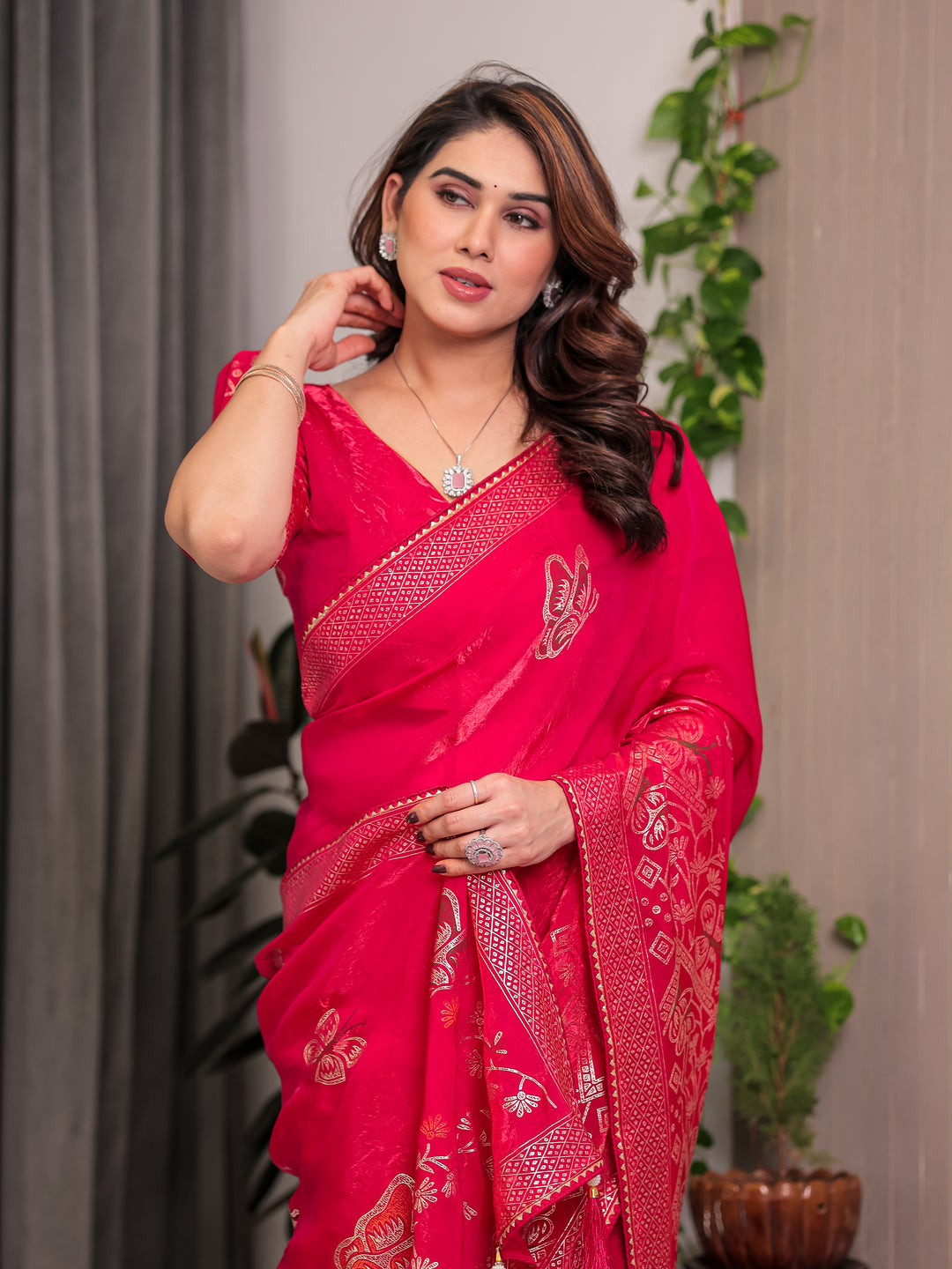 Rani Pink Fendi Satin Block & Foil Print Saree with Attached Blouse & Tassel Detailing