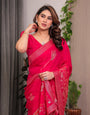 Rani Pink Fendi Satin Block & Foil Print Saree with Attached Blouse & Tassel Detailing