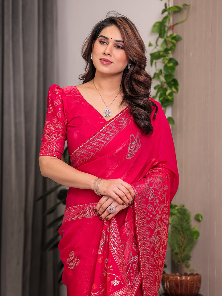 Rani Pink Fendi Satin Block & Foil Print Saree with Attached Blouse & Tassel Detailing