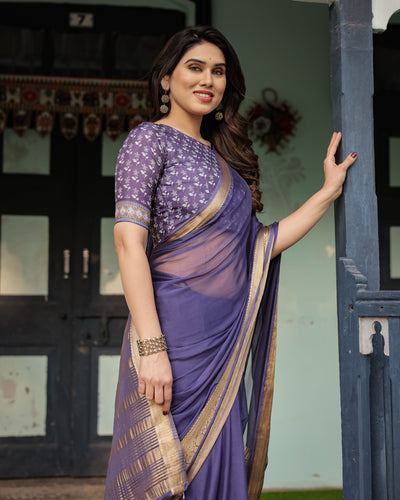 Deep Violet Plain Chiffon Saree with Gold Zari Border, Floral Printed Blouse & Tassel Detailing