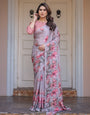 Dusty Lavender Satin Georgette Floral Printed Saree with Rose Pink Blouse & Artistic Floral Pallu | Soft Elegant Party Wear Saree