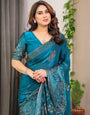Teal Blue Fendi Satin Block & Foil Print Saree with Attached Blouse & Tassel Detailing