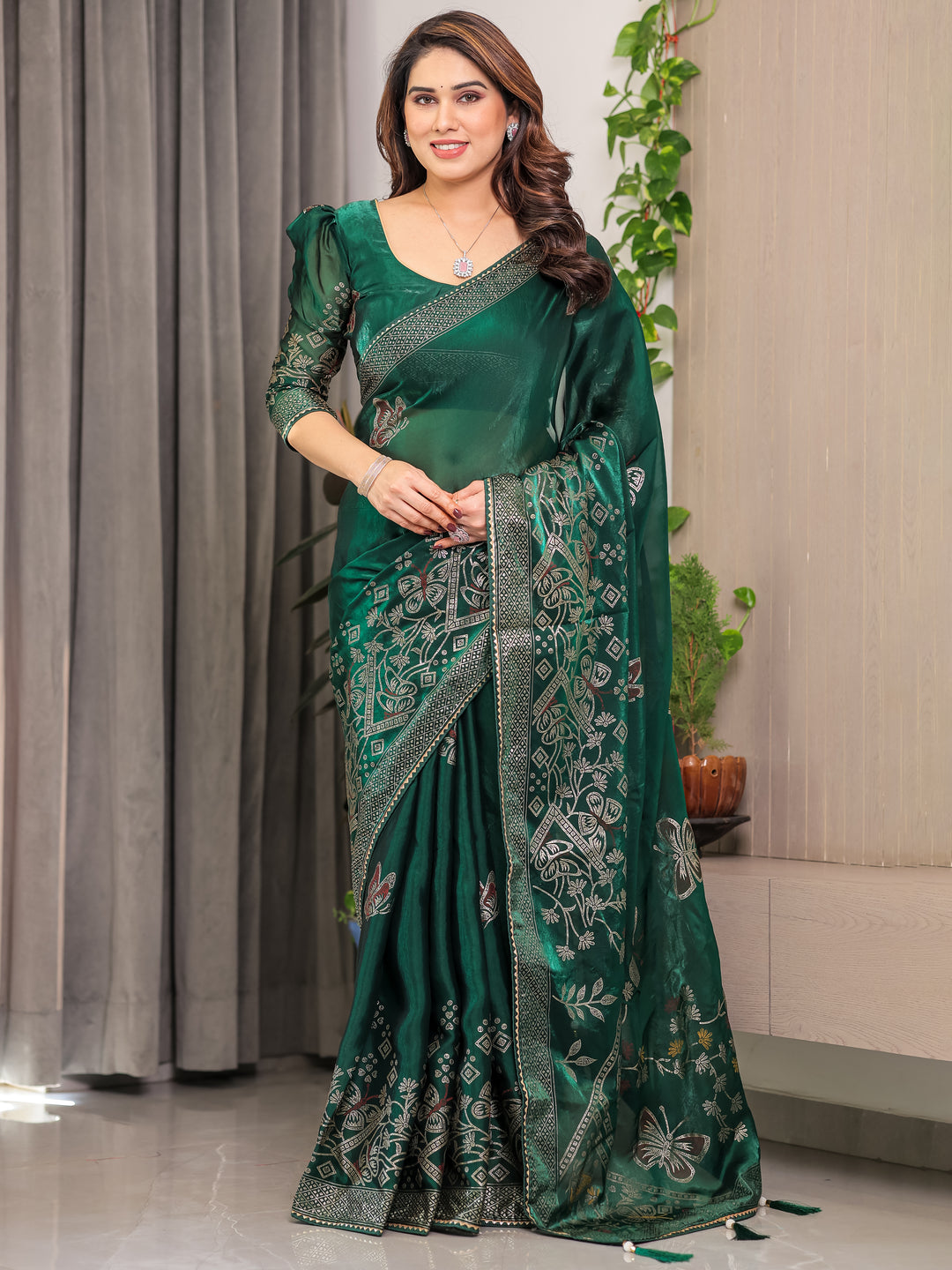 Emerald Green Fendi Satin Block & Foil Print Saree with Attached Blouse & Tassel Detailing