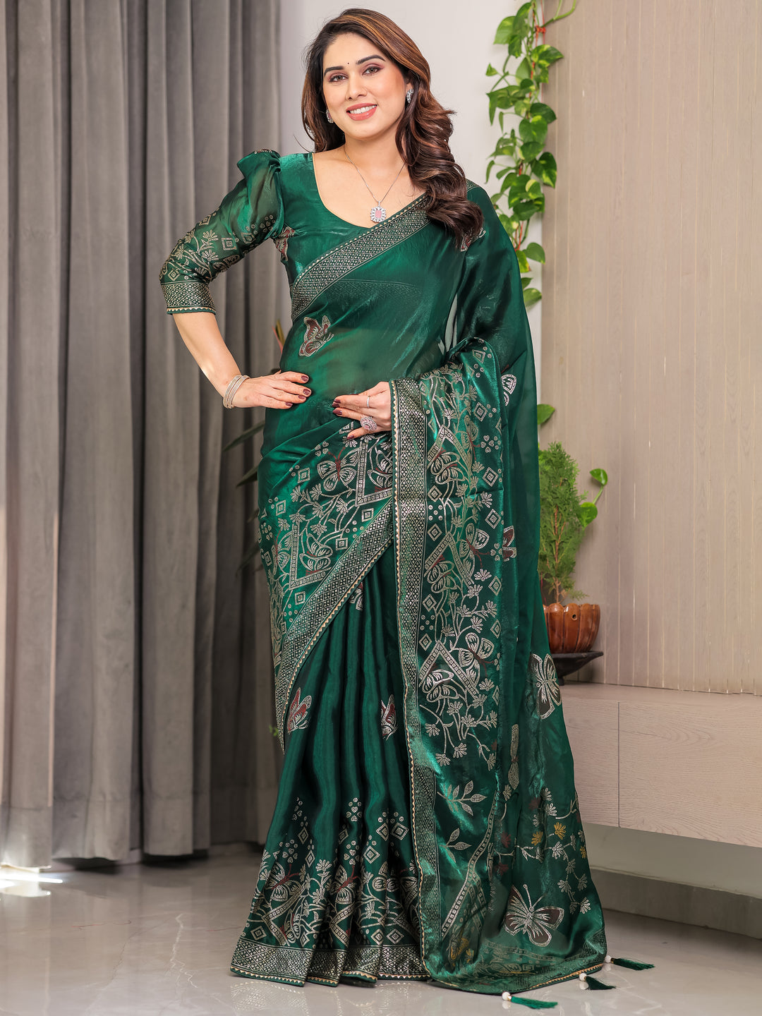 Emerald Green Fendi Satin Block & Foil Print Saree with Attached Blouse & Tassel Detailing